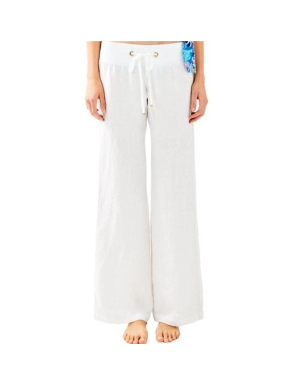 Lilly Pulitzer White Wide-Leg Drawstring Pants with Grommet Detail